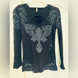 Ocasion Black Studded Wing & Cross Lace-Up Long Sleeve Top